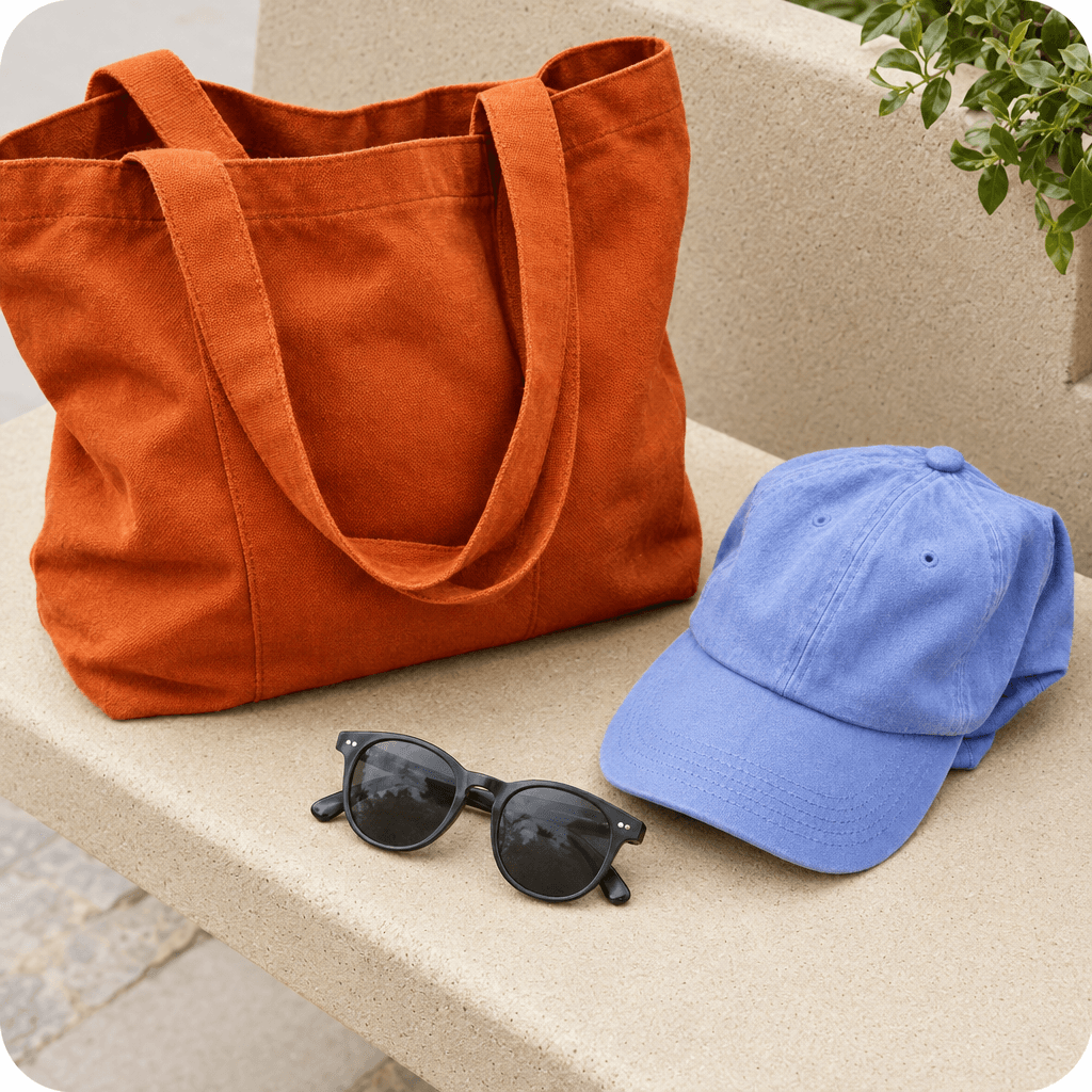 A bright canvas tote, cap, and sunglasses arranged for a day out