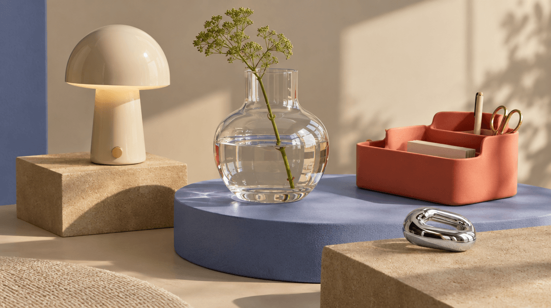A colorful arrangement of home and everyday objects on a sunlit display