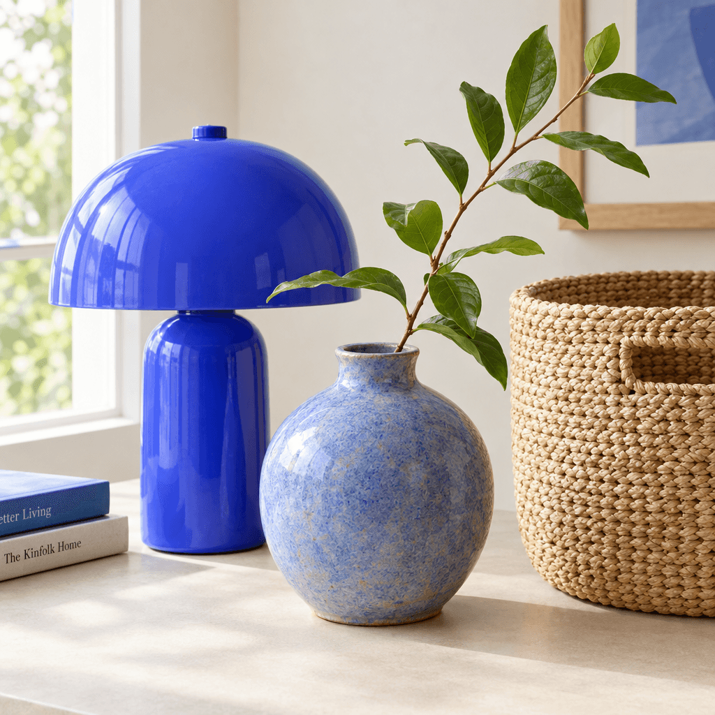 A sculptural lamp and ceramic vase in a bright home still life